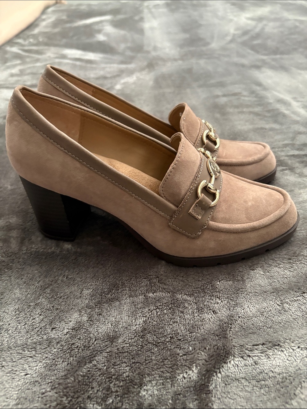 Gianni Bini Taupe Suede Loafers with Gold Horsebit - Picture 4 of 7